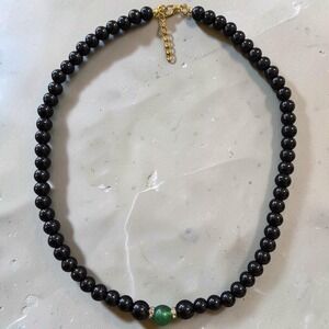Black Glass Green Gemstone Rhinestone Bead Necklace